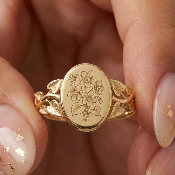 February Birth Flower Signet Ring: Dainty Flower, For Women