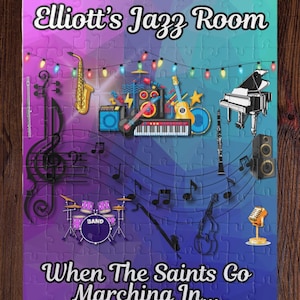 May include: A colorful jigsaw puzzle with a musical theme. The puzzle features a variety of musical instruments, including a saxophone, a piano, a guitar, a drum set, and a bass. The puzzle also features a treble clef and musical notes. The text "Elliott's Jazz Room" and "When The Saints Go Marching In..." is printed on the puzzle.