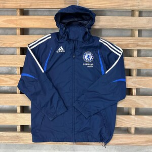Vintage Y2K Adidas Chelsea FC Football Jacket Packable Hood Windbreaker Blue Black