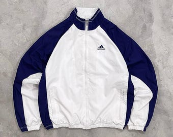 Veste coupe-vent Adidas vintage à rayures bleues et blanches, coupe boxy L Sportswear