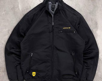 Adidas Originals Black Windbreaker Jacket | Yellow Shield Logo, Size M Fit L