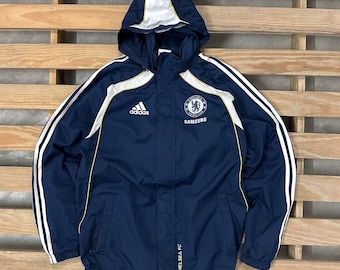 Vintage Y2K Adidas Chelsea FC Football Jacket Packable Hood Windbreaker Blue Black