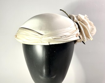 Vintage White Satin Juliette Cap Hat with Fabric Flower, 1950's, An Original by Dayne, 21"