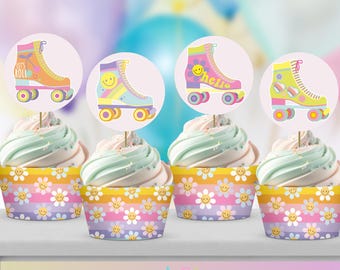May include: Four colourful cupcake wrappers with a rainbow stripe pattern and yellow smiley faces. Each wrapper has a round topper with a retro roller skate design. The toppers say "Let's Roll", "Hello", and have a smiley face.