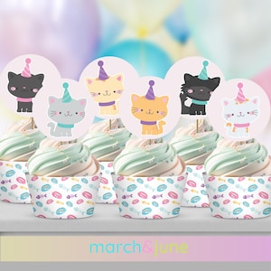 Downloadable Cats Cupcake Toppers and Wrappers, Kittens, Meow, Paw Birthday Party Theme, Party Decor, Pets, Birthday Theme for Girls