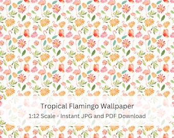 Papel tapiz imprimible para casa de muñecas en miniatura a escala 1:12 / Decoración en miniatura / Papel tapiz de flamenco tropical / Descarga digital / Decoración de casa de muñecas