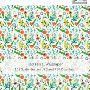 Miniature 1:12 Scale Dollhouse Printable Wallpaper / Miniature Decoration / Red Floral Wallpaper / Floral Decor / Pretty Dollhouse Decor