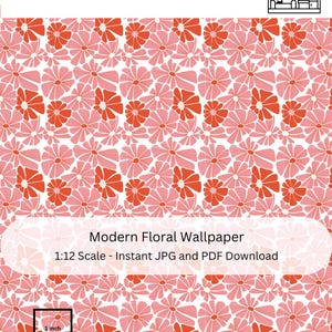 Miniature 1:12 Scale Dollhouse Printable Wallpaper / Miniature Decoration / Red Floral Wallpaper / Floral Decor / Pretty Dollhouse Decor