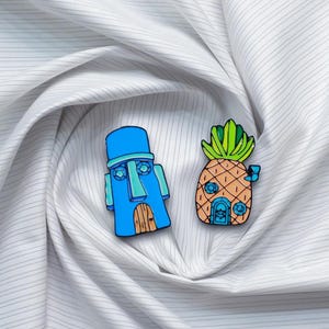 Squid Sponge Pineapple House  Enamel Pin Lot 2x Cute Funny Pins Set