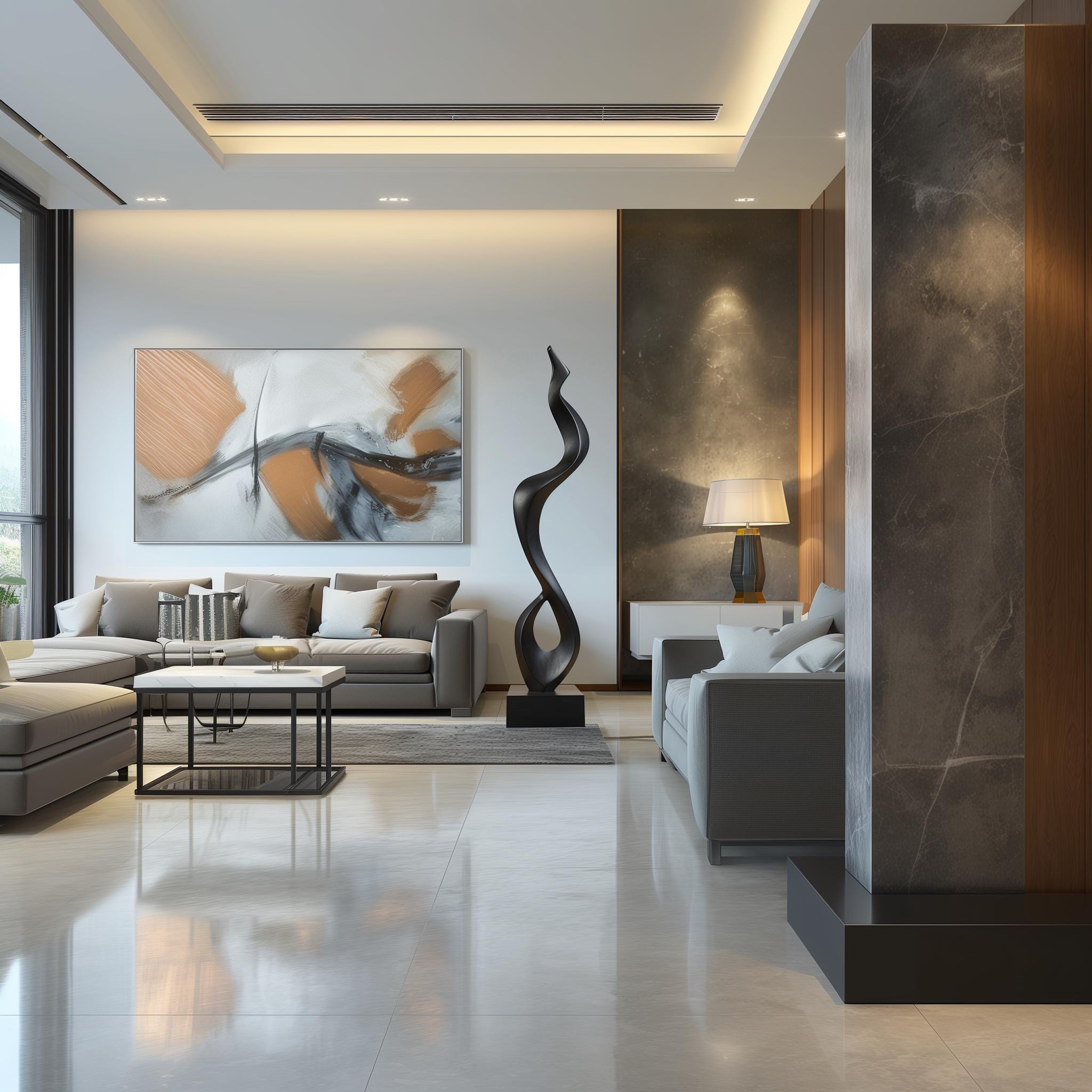 背の高い黒い木製彫刻 – ハンドメイドのモダンな抽象画のフロアアート