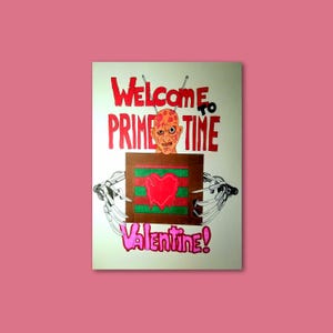 Welkom bij Prime Time Freddy Love Valentijnskaart, horror Valentijnskaart, horrorfilm, enge film, Valentijnsdagkaart, blanco kaart