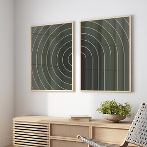 Donkergroene geometrische boogprints: moderne muurkunstset (digitale download)