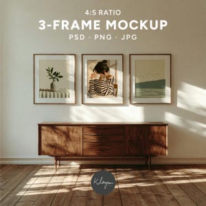 Makieta 3-ramkowa w proporcjach 4:5, zestaw 3 drewnianych ram z matami, wystawa ścienna w formie tryptyku nad kredensem z połowy XX wieku, 20x25, 16x20, PSD, JPG