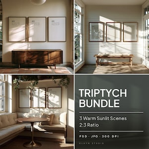 3-Frame Gallery Wall Mockup Bundle, Warm Sunlight Triptych PSD, Minimalist Wood Vertical Frames, 2x3 Ratio