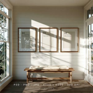 3 Frame Triptych Mockup 2:3 With Mat, Sunlit Entryway Gallery Wall Art, Three Poster Template Display Over Bench, PSD PNG JPG