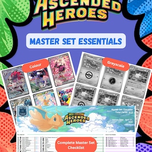 Pode incluir: Imagem promocional de cartas colecionáveis "Mega Evolution Ascended Heroes". A imagem apresenta uma lista de verificação, exemplos de cartas coloridas e em tons de cinza, e o texto "Master Set Essentials". A lista inclui um total de 613 cartas, com data de versão de 21 de abril de 2026.