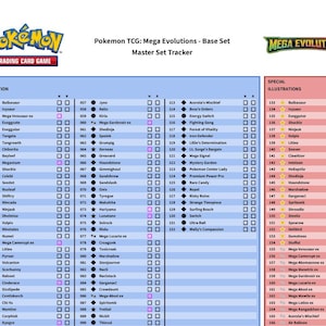 Puede incluir: Un gráfico de seguimiento del conjunto maestro de Pokemon TCG para Mega Evolutions - Base Set. El gráfico se divide en Colección principal e Ilustraciones especiales, con nombres de cartas y casillas de verificación.