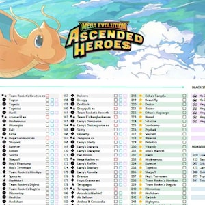 Könnte beinhalten: Eine Checkliste für das Sammelkarten-Set "Mega Evolution Ascended Heroes" mit einem Zeichentrickdrachen. Die Checkliste enthält ein komplettes Hauptset, Black Star Promos und nummerierte Promos. Die Gesamtzahl der Karten beträgt 613.
