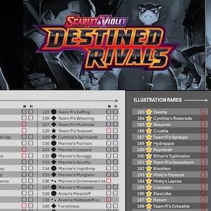 May include: A detailed checklist for the "Scarlet & Violet: Destined Rivals" trading card set, including main set cards, illustration rares, and promotional cards. The total card count is 436. The "META Trading Cards" logo is visible.
