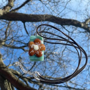 Handmade Light Blue Brown Flower Fused Glass Pendant, Necklace Cord Included, Glass-Fused Jewelry