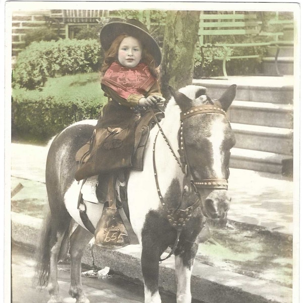 Large Vintage 1930's Hand Tinted Photo of Young Girl in Cowgirl Costume on Pony - 8x10 - Original Photo - Identified