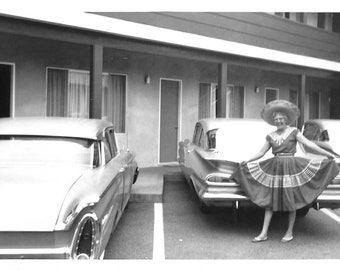 Original Vintage Photo - Smiling Woman in Square Dancing Dress Posing Behind Cars in Motel Parking Lot - 1960s