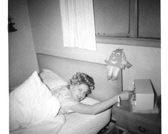Original Vintage Photo - Teenage Girl Lying in Bed Reaching for Radio - 1950s - Black and White