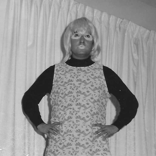 Original Vintage Photo - Man Wearing Black Leotard, Mini Dress, Black Face and Blonde Wig. Beatnik Era -US President Look A Like - 1960s