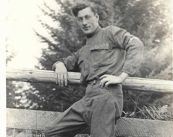 Vintage Photo - Handsome Man in Military Uniform Posing by Fence - 1910s