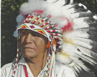Vintage Postcard - Cherokee Indian Chief on Reservation - North Carolina - Color - Linen - 1950s