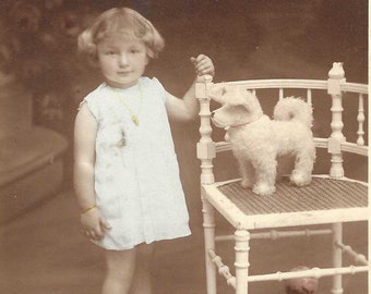 Vintage Real Photo Postcard/RPPC - Hand Tinted Studio Portrait of Darling Little Girl Posing Next to Chair and Toy Dog - Belgium - 1910s