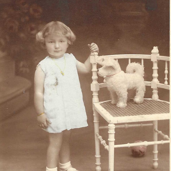 Vintage Real Photo Postcard/RPPC - Hand Tinted Studio Portrait of Darling Little Girl Posing Next to Chair and Toy Dog - Belgium - 1910s