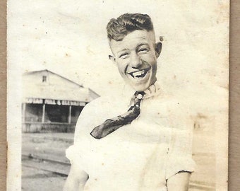 Original Vintage Photo - Laughing Young Teen Boy Standing Near Railroad Tracks - 1920s