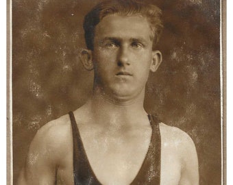 Original Antique Real Photo Postcard - RPPC - Studio Portrait of Male Athlete in Tank Top - Identified and Dated - 1920s