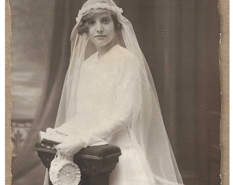 Vintage Real Photo Postcard/RPPC - Studio Portrait of Beautiful Girl in Communion Dress and Veil- France - 1910s