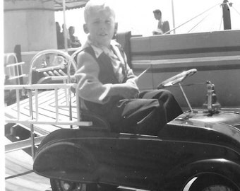 Original Vintage Photo - Young Boy Seated in Small Car - Amusement Park Ride - 1950s - Black and White