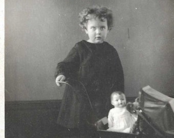 Vintage Real Photo Postcard/RPPC - Studio Portrait of Darling Young Girl Posing Next to Her Doll Propped Up in it's Carriage - 1920s