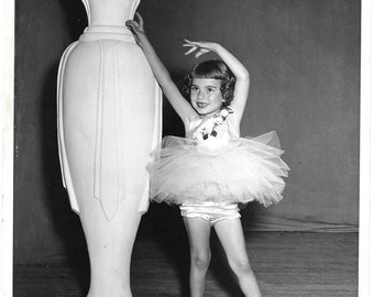 Vintage 1950s Studio Portrait of a Young Girl Posing in Ballet Costume Next to Large Grecian Vase - California