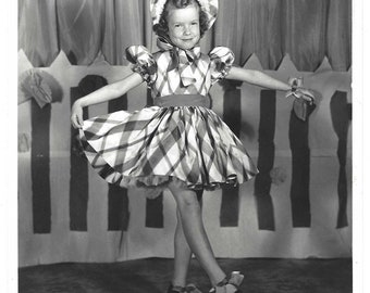 Vintage 1950s Studio Portrait of a Young Girl Posing in Plaid Dress and Bonnet - Tap Shoes - Springfield Illinois