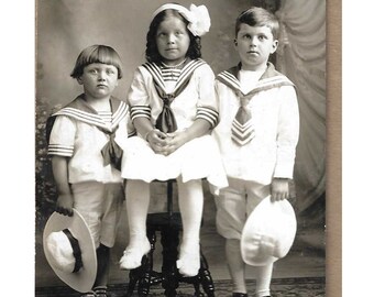 Vintage Real Photo Postcard/RPPC - Studio Portrait of 3 Darling Children Dressed in Sailor Outfits - 1910s