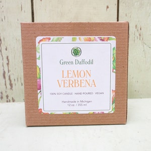 Lemon Verbena Soy Candle 12 oz. Glass Cube Green Daffodil Hand poured CG image 2