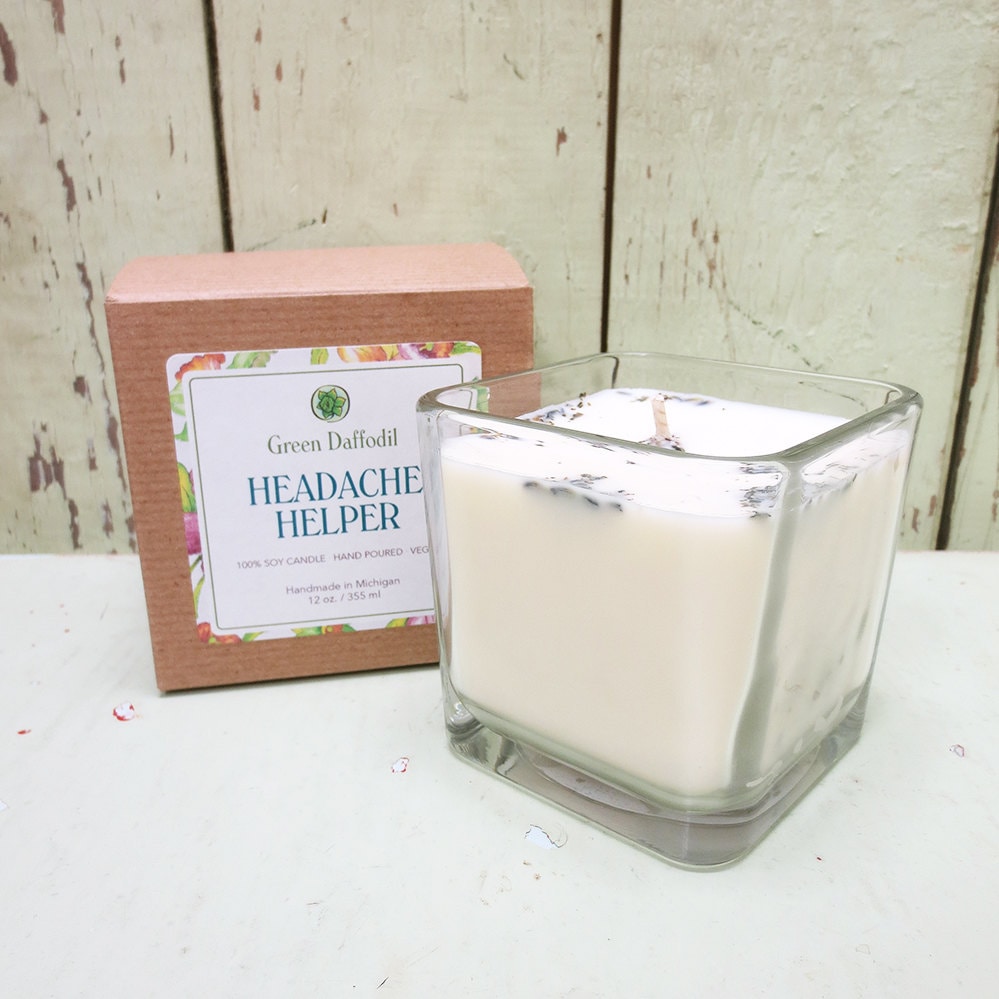 Headache Helper Soy Candle 12 Oz. Glass Cube Green Etsy