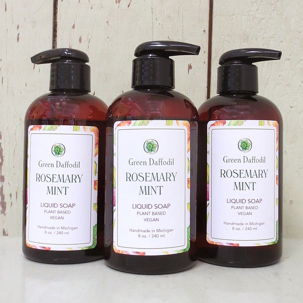 Rosemary Mint Liquid Soap - All Purpose Castile Base - Green Daffodil - VEGAN - Rosemary + Peppermint Essential Oils