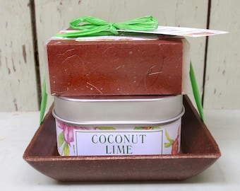 Coconut Lime Candle & Soap Dish Kit-  Green Daffodil - Tropical Fragrance - Gift Set - Candle + Soap