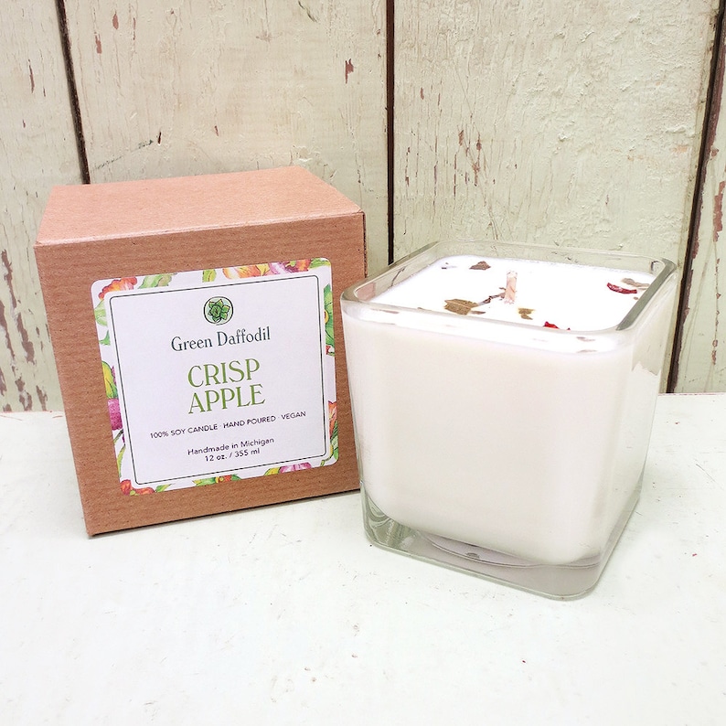 Crisp Apple Soy Candle 12 oz. Glass Cube Green Daffodil Fall Fragrance Cider Mill image 1