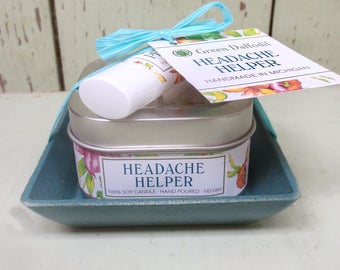 Headache Helper Candle & Lip Dish Kit- Green Daffodil- Peppermint + Eucalyptus + Lavender Essential Oil - Gift Set - Candle + Lip Balm