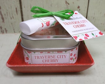 Traverse City Cherry Candle & Lip Dish Kit-  Green Daffodil - Michigan Gift Set - Cherry Lovers- Candle + Lip Balm