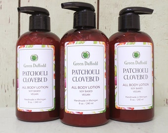 Patchouli Clovebud Soy Hand & Body Lotion - Green Daffodil - VEGAN - Pump Bottle - Essential Oil