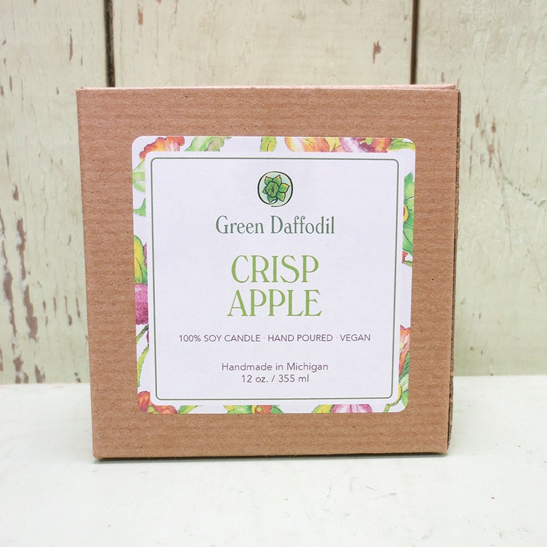 Crisp Apple Soy Candle 12 oz. Glass Cube Green Daffodil Fall Fragrance Cider Mill image 2