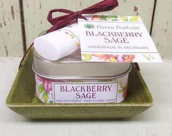 Blackberry Sage Candle & Lip Dish Kit-  Green Daffodil - Gift Set - Favor